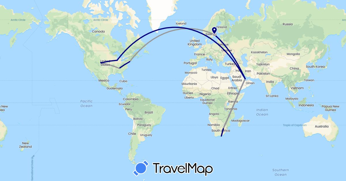 TravelMap itinerary: driving, plane in Qatar, Sweden, United States, South Africa (Africa, Asia, Europe, North America)